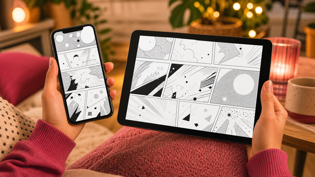 スマホとタブレットで原作漫画をブラウザで読むイメージ